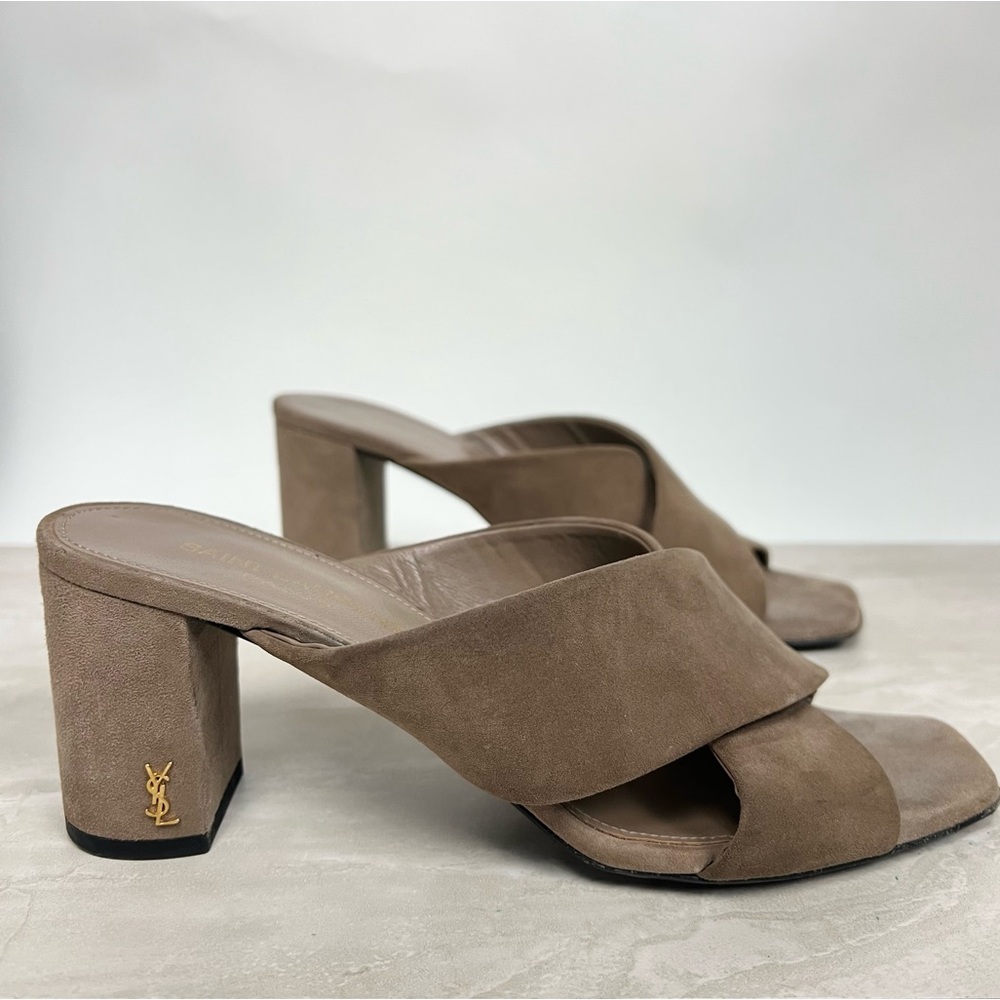 Saint Laurent Taupe Suede Crisscross Block Heel Mules with Gold YSL - Picture 13 of 13
